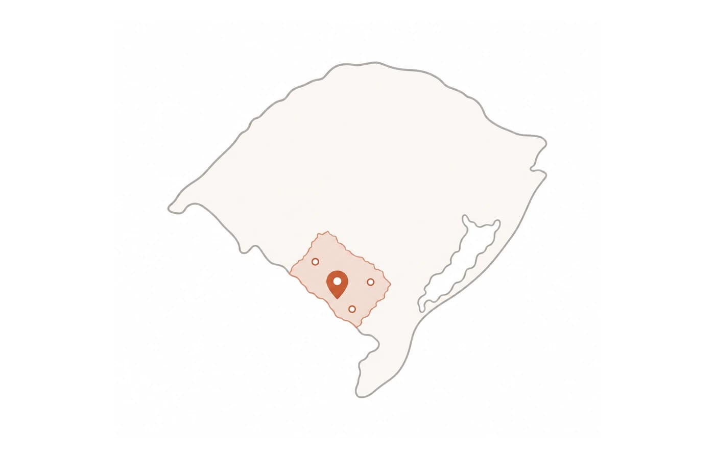 Mapa minimalista do Rio Grande do Sul com a Campanha Gaúcha destacada por marcador terracotta
